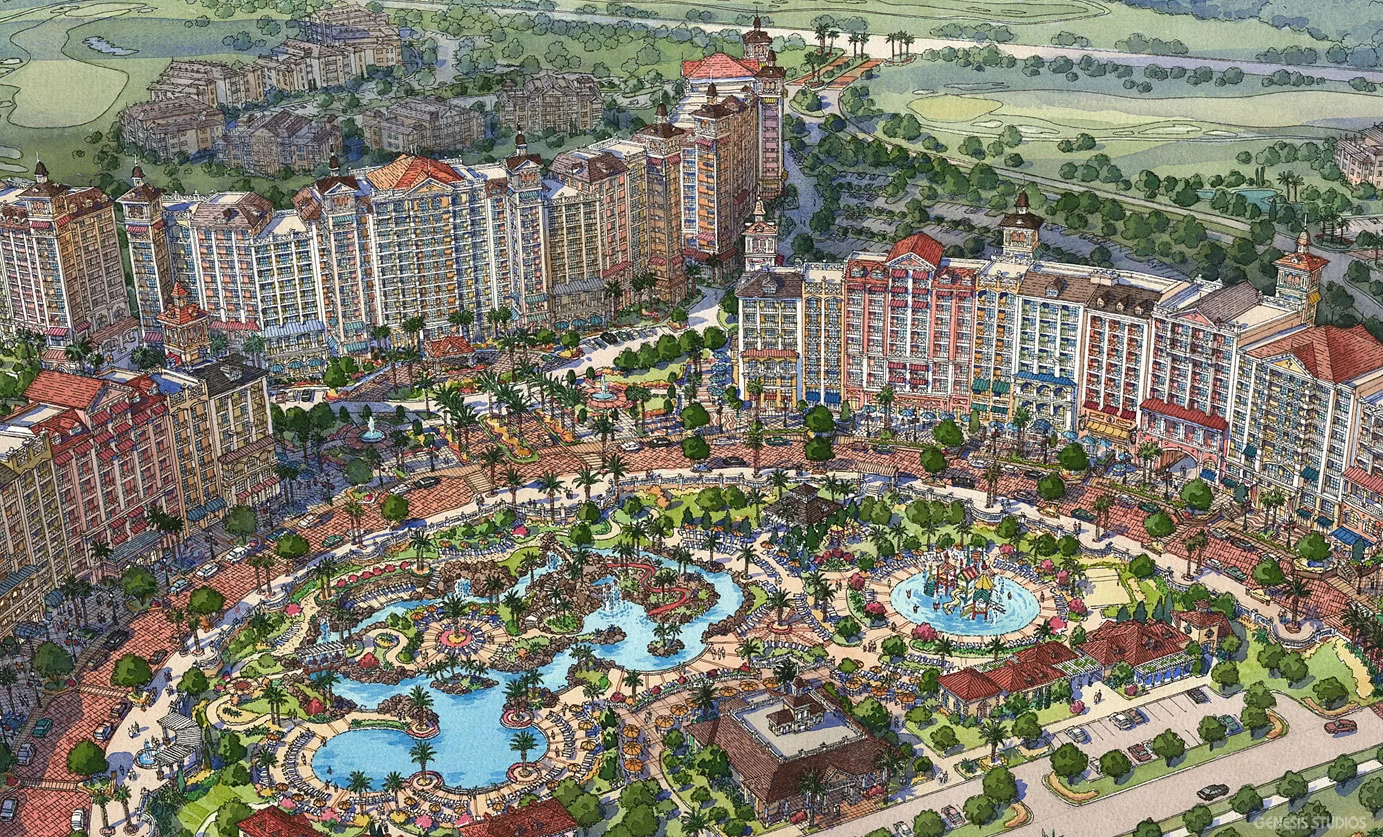 A rendering of Reunion's water park surrounded by the originally planned Towers at Reunion Square.