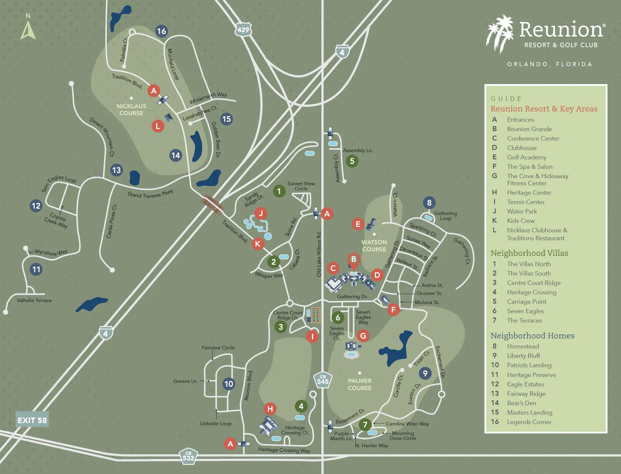 Map of Reunion Resort highlighting all neighborhoods and amenities.